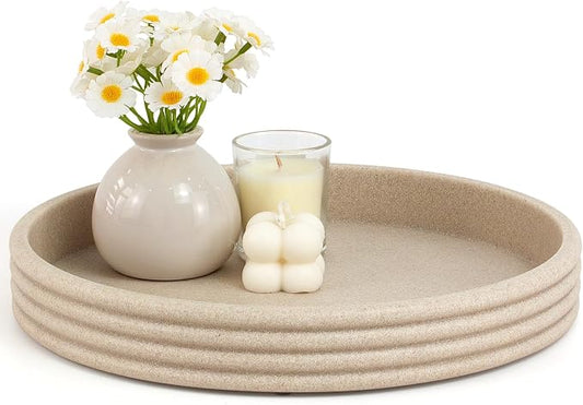 YMXYJM Round Decorative Tray - Modern Coffee Table Tray Decor, Resin Home Decor for Living Room & Bedroom. Multi-Functional Coffee Table Centerpiece with Anti-Slip Pads - 11x1.5 Inch Key Trays - Beige