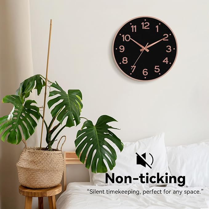 Roymnie Wall Clock, Silent Wall Clocks Battery Operated 8 Inch-Modern Non Ticking Analog Clock Decorative for Kitchen Office Bathroom Bedroom(Black Rose Gold)