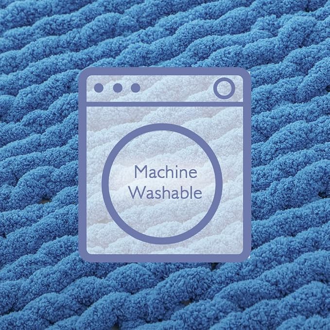 Bigacogo Chunky Knit Throw Blanket for Couch, 40x40 inches, 100% Hand Knitted with Thick Jumbo Chenille Yarn, Cozy Soft Large Rope Knot Cable Crochet Blankets for Sofa Bed Living Room, Bright Blue