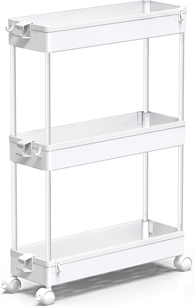 SPACEKEEPER Slim Rolling Storage Cart, 3 Tier Bathroom Storage Organizer Laundry Room Utility Cart Mobile Shelving Unit, Multi-Purpose for Kitchen Office Bathroom Laundry Narrow Places, White