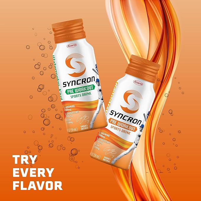 Syncron Pre Workout Sports Drink Endorsed by Shohei Ohtani, Aluminum Bottled, Sugar Free Energy Drink, L Arginine, L Citrulline & BCAAs for Athletes, Watermelon Kiwi & Grapefruit, Variety 6 Pack, 2 oz