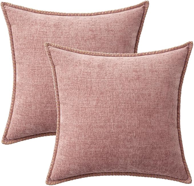 MIULEE Pack of 2 Couch Throw Pillow Covers 16x16 Inch Blush Pink Farmhouse Decorative Pillow Covers with Stitched Edge Soft Chenille Solid Dyed Pillow Covers for Sofa Bed Living Room