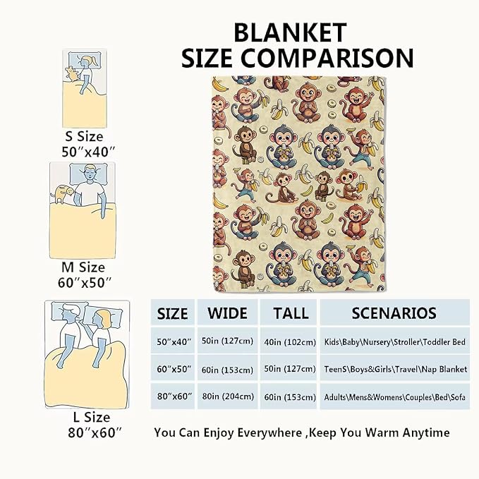 Monkey and Banana Blanket,Fun Cartoon Jungle Theme Throw Blankets,Birthday Gifts for Kids & Animal Lovers,Lightweight Soft Fleece,for Picnic Sofa Couch Bed Room Travel,Modern Decor,40x50in