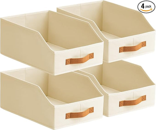 Homsorout Fabric Storage Bins for Organizing - 4 Pack Large Trapezoid Collapsible Storage Bins with Front Handle, Closet Organizers and Storage for Bedroom, Home Shelves, Small Spaces, Beige