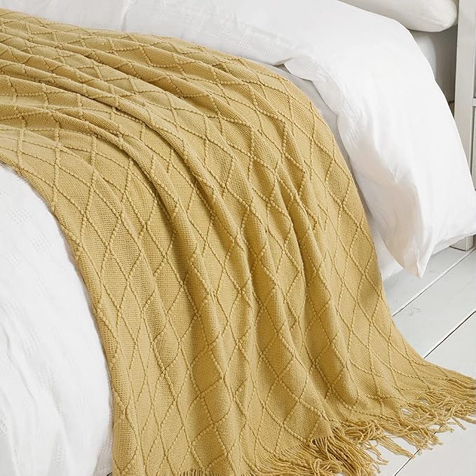 BOURINA Mustard Throw Blanket 50 x90 Inches Throw Textured Solid Soft Sofa Throw Bed Runner Couch Cover Knitted Decorative Blanket Bed Runner