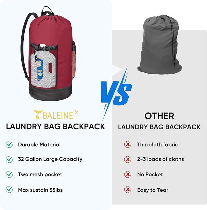 BALEINE 120L Laundry Bag Backpack, 900D Oxford Fabric Large Travel Laundry Bags with Shoulder Straps and 2 Mesh Pockets for College Dorm, Apartment, Laundromat (Red, 120L)