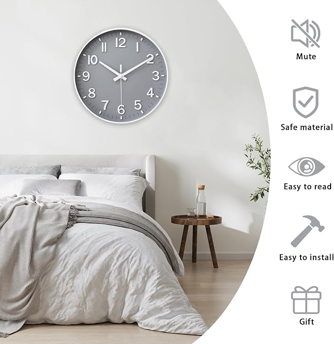 HZDHCLH Wall Clocks Battery Operated,Wall Clock Gray,12 inch Wall Clock Silent Non Ticking Modern 3D Numbers for Kitchen Bedroom Living Room Office Classroom Decor