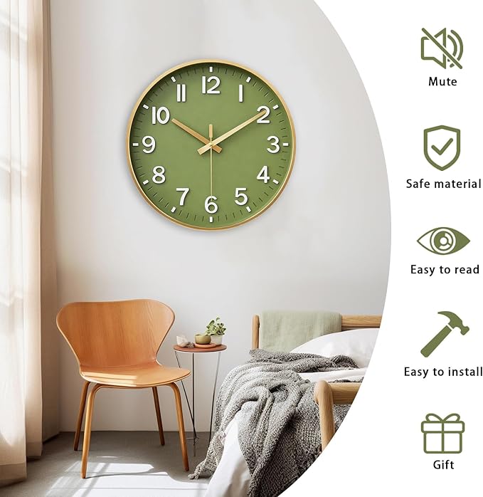HZDHCLH Wall Clocks Battery Operated,Wall Clock Green Gold,14 inch Wall Clock Silent Non Ticking Modern 3D Numbers for Kitchen Bedroom Living Room Office Classroom Decor