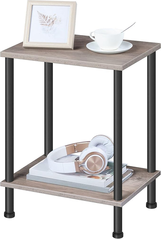 HOOBRO End Table, Small Side Table, Nightstand with 2-Layer Storage Shelves, Sofa Table for Small Spaces, Living Room, Bedroom, Stable Frame, Easy Assembly, Greige and Black BG09BZ01