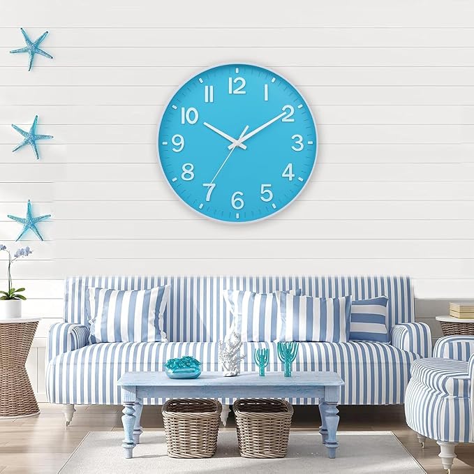 HZDHCLH Wall Clocks Battery Operated,Wall Clock Blue and White 8 inch Wall Clock Silent Non Ticking Modern 3D Numbers for Office Kitchen Classroom Bedroom Living Room Decor