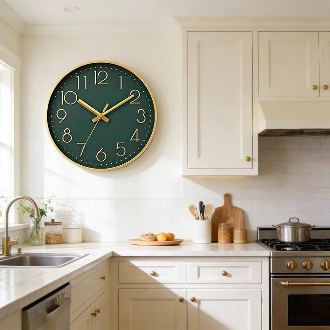 DAXSMY Wall Clock - 10 Inch Silent Non-Ticking Modern 3D Wall Clocks Battery Operated - Decorative Clock for Kitchen, Home Office, Bathroom, Bedroom(Dark Green)