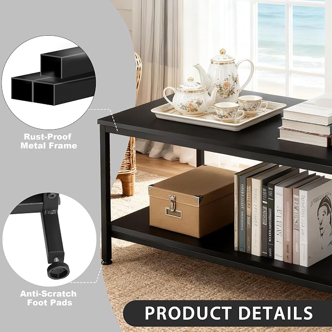 SUPER DEAL 2-Tier Industrial Coffee Table with Storage Shelf for Small Apartment Living Room, Rectangle Wood and Stable Metal TV Stand Side End Table, Black
