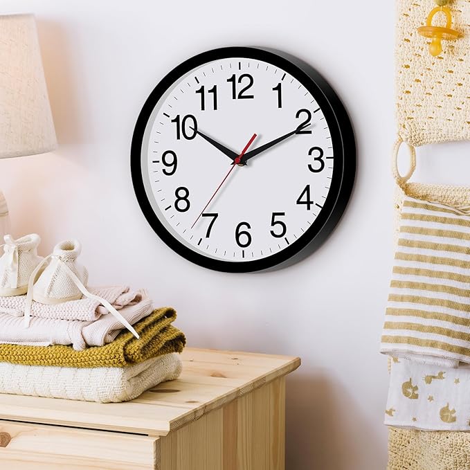 Rohioue Wall Clock Modern 10 Inch Black Battery Operated Silent Non Ticking Analog for Living Room Office Home Bedroom Kitchen Bathroom