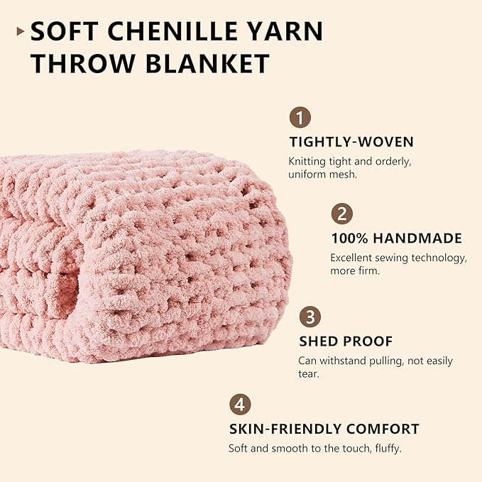 L'AGRATY Chunky Knit Blanket Throw - Soft Chenille Yarn Throw Blanket 40x50： Handmade Thick Cable Knit Crochet Blanke - Large Knit Blanket Chunky Rope Knot Throw Blanket for Couch Sofa Bed Home Decor