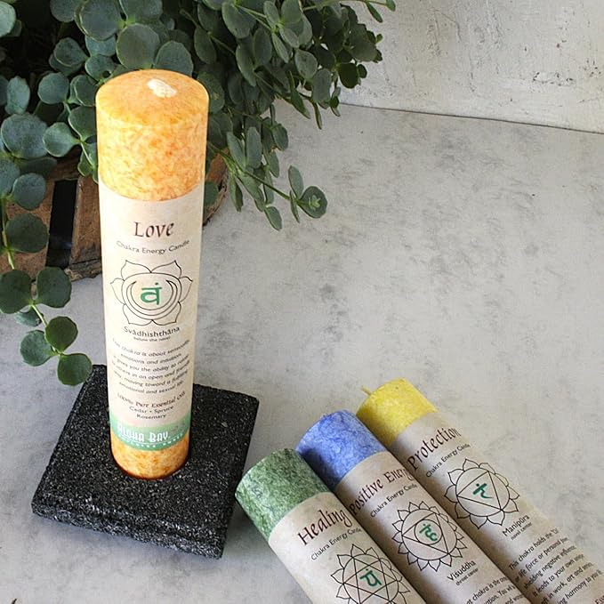 Premium Scented Candle Hand Made Chakra Energy Pillar | 4-Pack | Healing, Anahata | Yoga, Prayer & Meditation Candle | Long Burn 15 Hours | Essential Oils of Lavandin, Orange & Tangerine | Aloha Bay