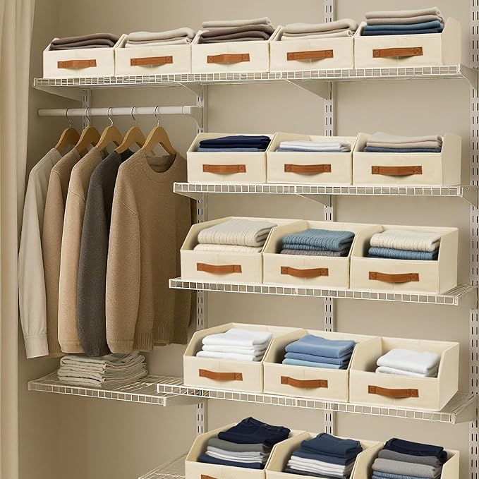 Homsorout Fabric Storage Bins for Organizing - 4 Pack Large Trapezoid Collapsible Storage Bins with Front Handle, Closet Organizers and Storage for Bedroom, Home Shelves, Small Spaces, Beige