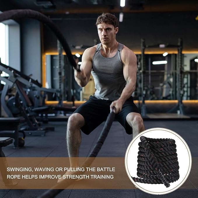 MECCANIXITY Battle Rope 50ft x 2 Inch Polyester Workout Rope Heavy Fitness Exercise Rope for Strength Training Home Gym Muscle Building, Black Red