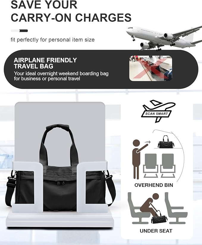 Gym Bag for Women Men, Sport Duffel Bag with Toiletry Bag & Shoe Compartment,Waterproof Travel Weekender Overnight Carry on Bag for Yoga with Trolley Sleeve, Black Set