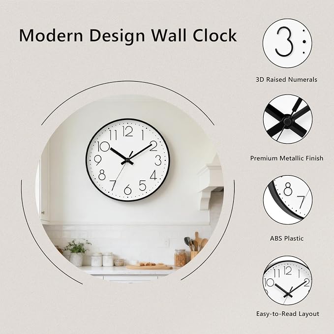 DAXSMY Wall Clock - 14 Inch Silent Non-Ticking Modern 3D Wall Clocks Battery Operated - Decorative Clock for Kitchen, Home Office, Bathroom, Bedroom, Living Room(White)