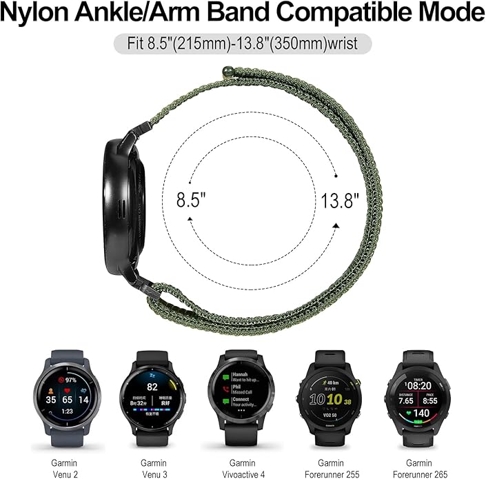 22mm Sport Ankle/Arm Band Compatible with Amazfit Helio, Quick Release Breathable Nylon Bicep Strap Replacement for Garmin Venu 3/Venu 2/Vivoactive 4 & Forerunner 570-47mm/265/255/255 Music