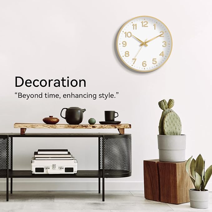 Roymnie Wall Clock, 10 Inch Silent Wall Clocks Battery Operated-Modern Non Ticking Analog Clock Decorative for Kitchen Bedroom Office Bathroom(White Gold)