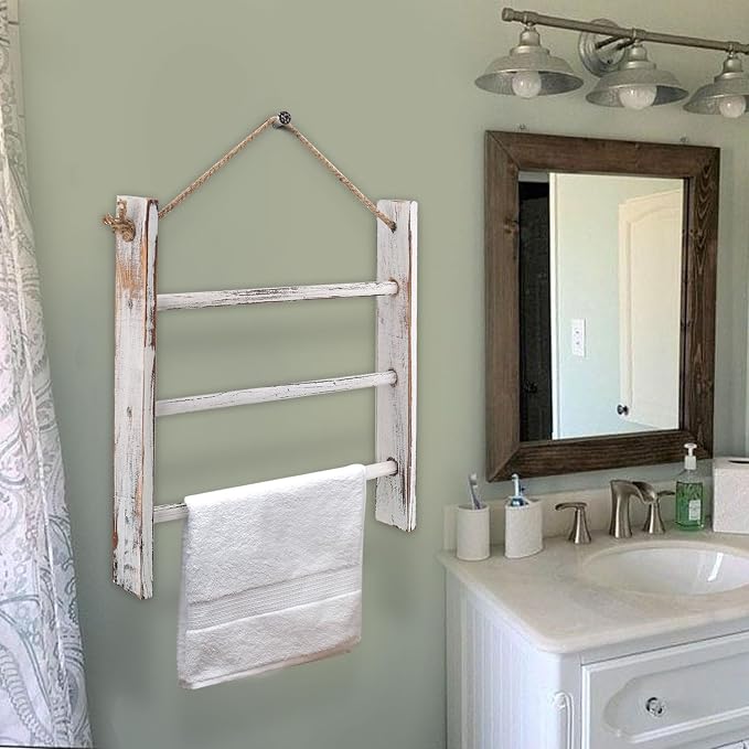 Rustic Wood Ladder Hand Towel Rack for Bathroom, Farmhouse Blanket Ladder for Living Room Hanging Decorative Rack for Blankets Whitewashed Towel Rack with Rope (Whitewashed)