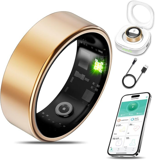 Smart Health Ring for Women Men Fitness Tracker with Heart Rate, Blood Oxygen, Blood Pressure, Sleep Monitoring, Step Counting, IP68 Waterproof for iOS and Android, No Subscription Fee, Gold 9#