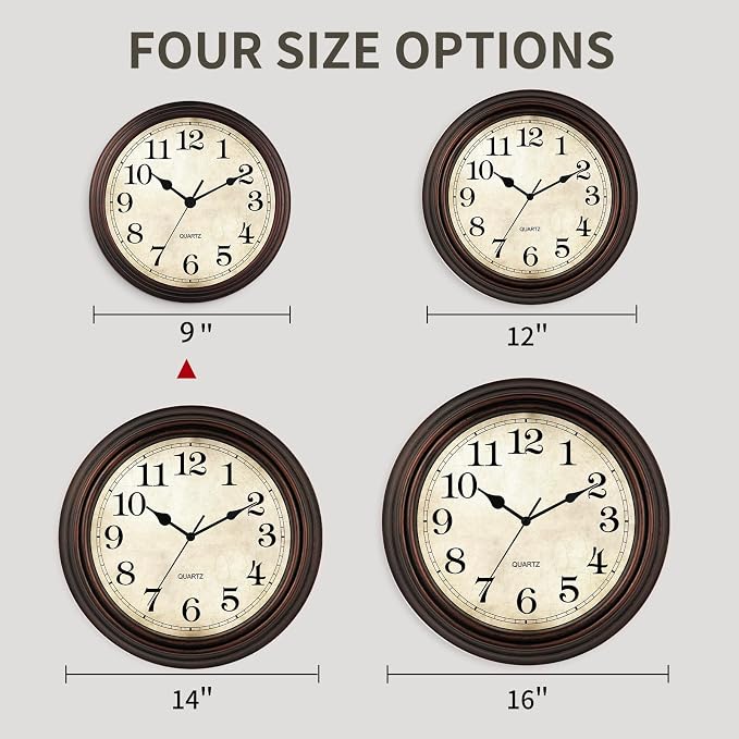 Wall Clock, 9 Inch Silent Non Ticking Classic Battery Operated Clocks, Decorative for Living Room, Bedrooms, Bathroom, Kitchen Office (Bronze)