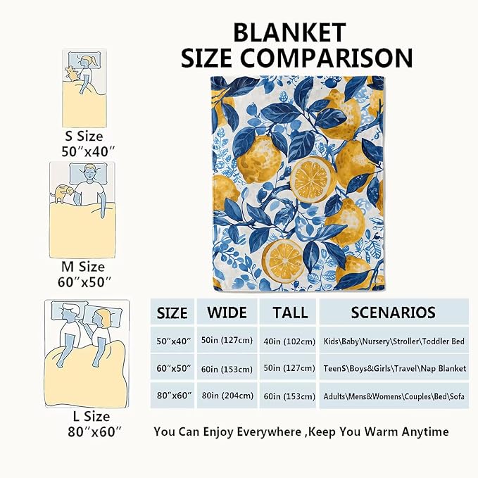 Lemon Blanket Fresh Citrus Fruit Throw Blankets with Blue Leaves,Birthday Gifts for Girls Boys Women & Food Lovers,Lightweight Soft Fleece,for Sofa Couch Bed Room Summer Decor 50x60in