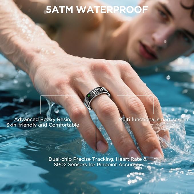 Smart Rings for Men with Display Screen, Fitness Ring with Wireless Charging, Sleep Tracker Ring with Heart Rate, Health Rings for Activity Monitoring/Steps/Calories, for iOS Android (Black,10#)
