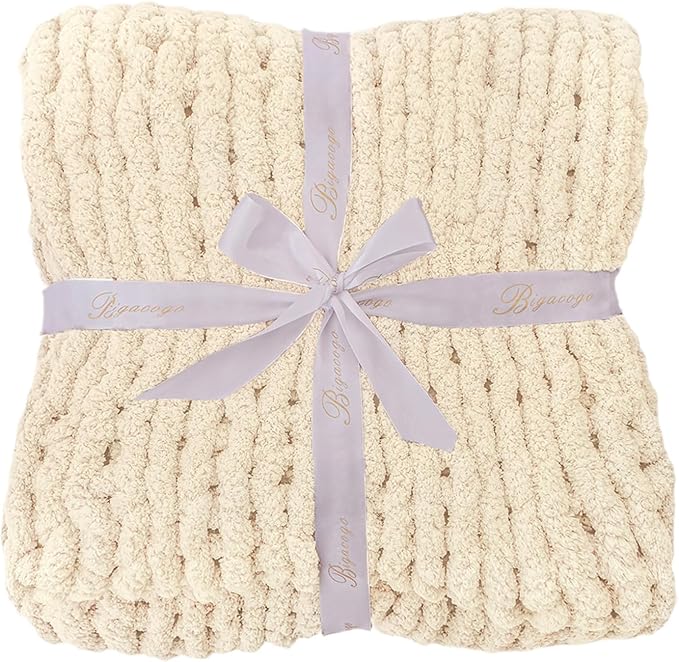 Bigacogo Chunky Knit Throw Blanket for Couch, 51x63 inches, 100% Hand Knitted with Thick Jumbo Chenille Yarn, Cozy Soft Large Rope Knot Cable Crochet Blankets for Sofa Bed Living Room, Beige