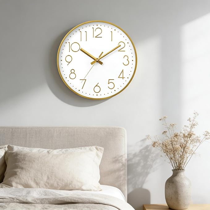 DAXSMY Wall Clock - 8 Inch Silent Non-Ticking Modern 3D Wall Clocks Battery Operated - Decorative Clock for Kitchen, Home Office, Bathroom, Bedroom(Gold)