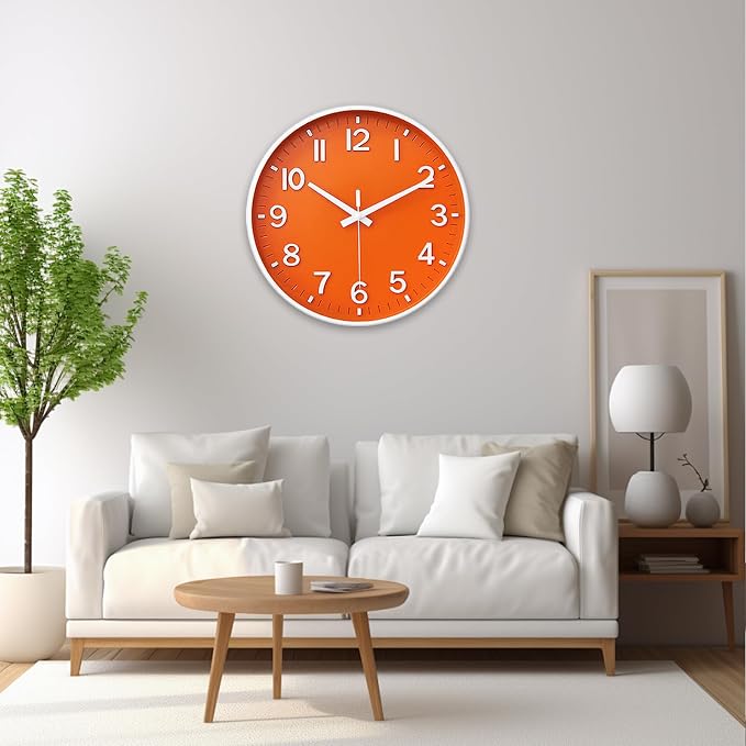 HZDHCLH Wall Clocks Battery Operated,Wall Clock Orange,10 inch Wall Clock Silent Non Ticking Modern 3D Numbers for Kitchen Bedroom Living Room Office Classroom Decor