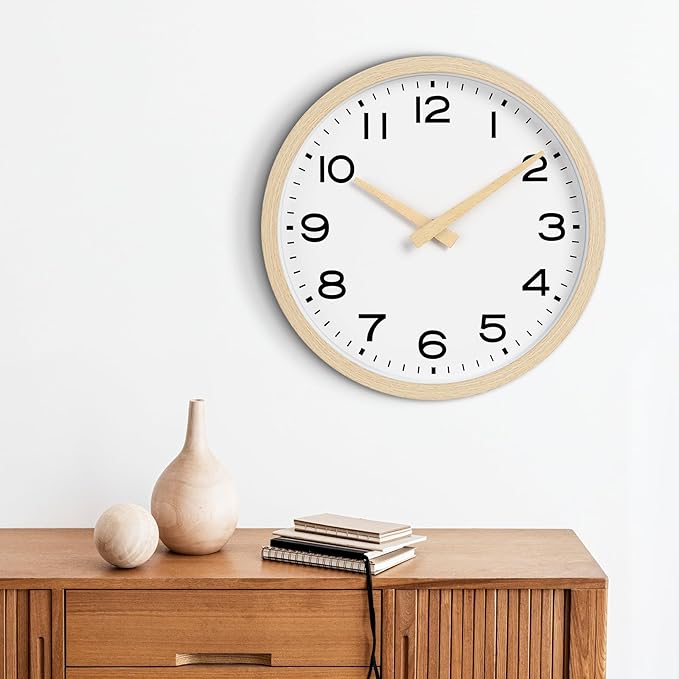 AKCISOT Wall Clock 14 Inch,Boho Large Wall Clocks Battery Operated Non Ticking,Big Silent Modern Clock Decorative for Living Room,Bedroom,Office,Home(Wood Grain)