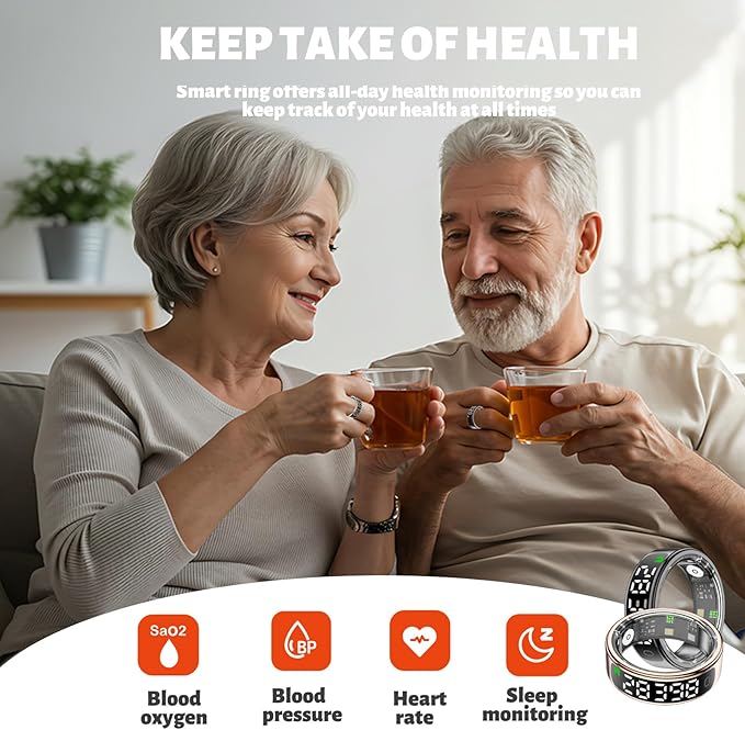 Smart Health Ring for Women Men, Smart Ring Fitness Tracker for iOS Android, Heart Rate, Blood Oxygen, Blood Pressure, Sleep Monitoring,5ATM Waterproof, No Subscription Fee (Gold, 12#)