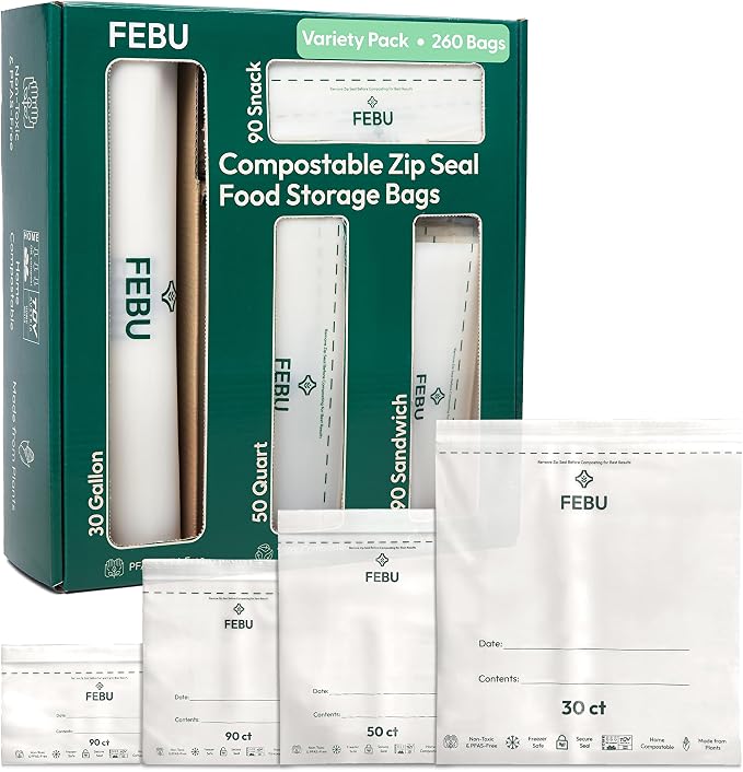 FEBU Compostable Food Storage Bags Variety Pack, 260 Count | Compostable & Biodegradable | PFAS & BPA Free | Drawer Organizer Box | 90 Snack, 90 Sandwich, 50 Quart, 30 Gallon