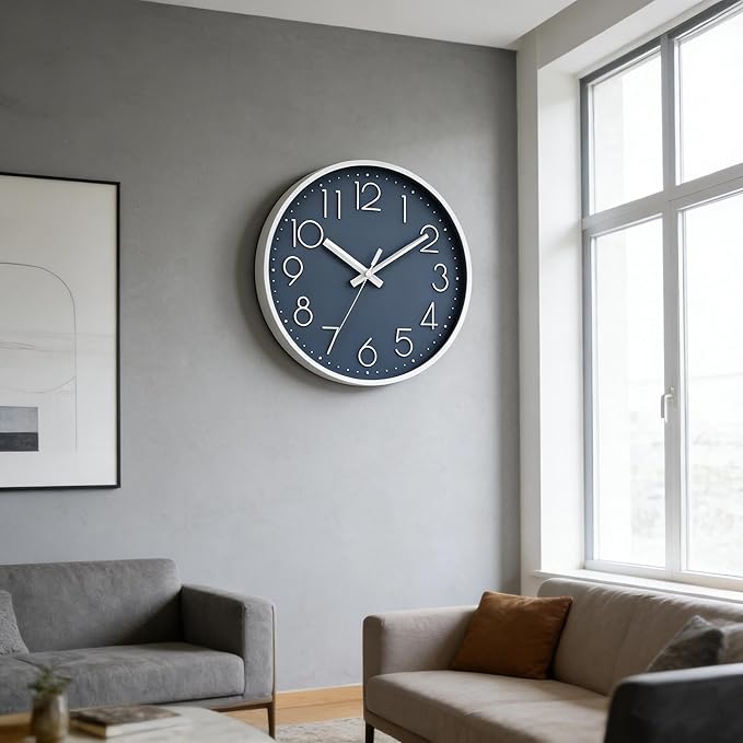DAXSMY Wall Clock - 12 Inch Silent Non-Ticking Modern 3D Wall Clocks Battery Operated - Decorative Clock for Kitchen, Home Office, Bathroom, Bedroom, Living Room(Azure Blue)
