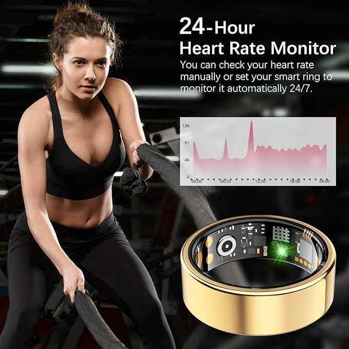 Ring Health Tracker for Women Men, Fit Ring with Heart Rate, Blood Oxygen, Sleep Monitor, Calories, Step Counter, IP68 Waterproof Smart Ring for iPhone & Android, No Subscription Fee (Gold, 13#)