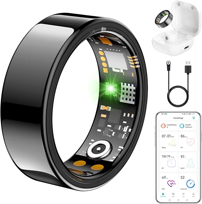 Ring Health Tracker for Women Men, Fit Ring with Heart Rate, Blood Oxygen, Sleep Monitor, Calories, Step Counter, IP68 Waterproof Smart Ring for iPhone & Android, No Subscription Fee (Black, 12#)