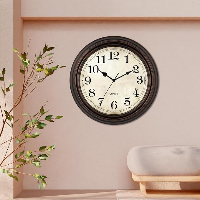 Wall Clock, 12 Inch Silent Non Ticking Battery Operated Clocks, Decorative for Living Room, Bedrooms, Kitchen (Bronze)