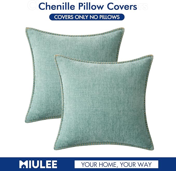 MIULEE Pack of 2 Summer Throw Pillow Covers 18x18 Inch Coastal Light Blue Farmhouse Cottage Decorative Pillow Covers Stitched Edge Soft Chenille Pillow Covers for Couch Sofa Bed Living Room,Aqua Haze