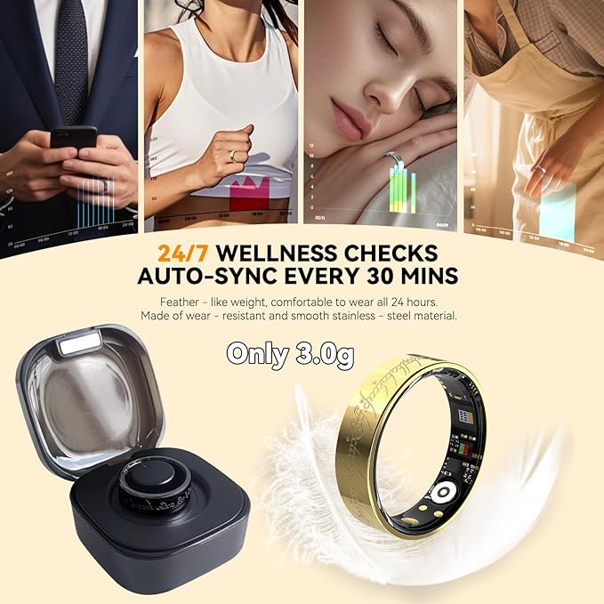 Ultra Smart Ring for Women Men,Health Fitness Tracker with Sleep/Blood Pressure/Oxygen Monitoring, Heart Rate & Activity Tracking,IP68 Waterproof, 5+Day Battery,No Subscription Fee 1-Gold 7