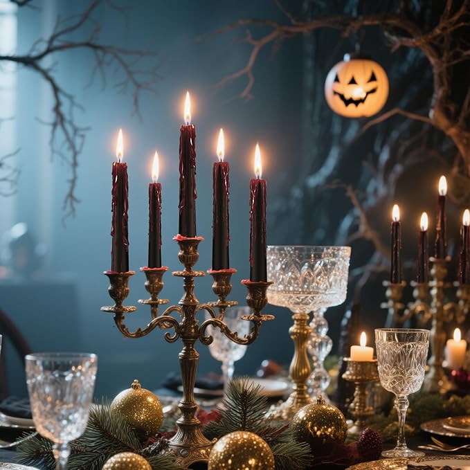 12 Pack Halloween Bleeding Candles, Black Vampire Tears Taper Candles Spooky Blood Drip Candles Set for Halloween Party Gothic Home Vampire Theme Rituals Decoration