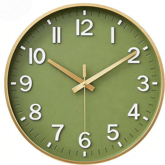 HZDHCLH Wall Clocks Battery Operated,Wall Clock Green Gold,10 inch Wall Clock Silent Non Ticking Modern 3D Numbers for Kitchen Bedroom Living Room Office Classroom Decor