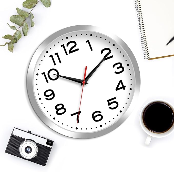 Roymnie Wall Clock Silent Non-Ticking Modern Clock Battery Operated 12 Inch Small Classic Analog Decorative for Kitchen, Bathroom, Office, Bedroom, Home(Silver)