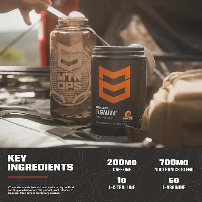 MTN OPS Ignite Energy Drink Powder, Gluten Free Nootropic Supplement Drink Mix, L Arginine, L Citrulline, Caffeine & Nootropic Sugar Free Drink Mix, 45 Servings, Tiger's Blood