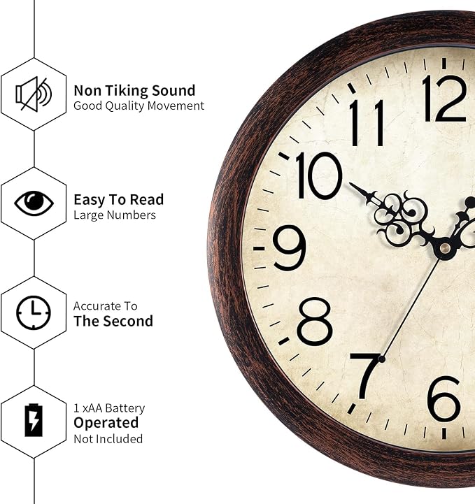 KECYET Wall Clock 12 Inch Vintage Wall Clocks Battery Operated Quartz Silent Non-Ticking Retro Rustic Style Clock Decorative for Living Room, Home Office, Kitchen,Bedroom (Bronze)
