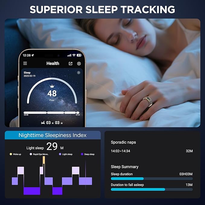 Smart Ring Health Tracker with Display Screen, Sleep Tracker with Heart Rate, Fitness Ring Step Tracker for Activity Monitoring/Steps/Calories,Wireless Charging, for iOS Android (Silver,12#)