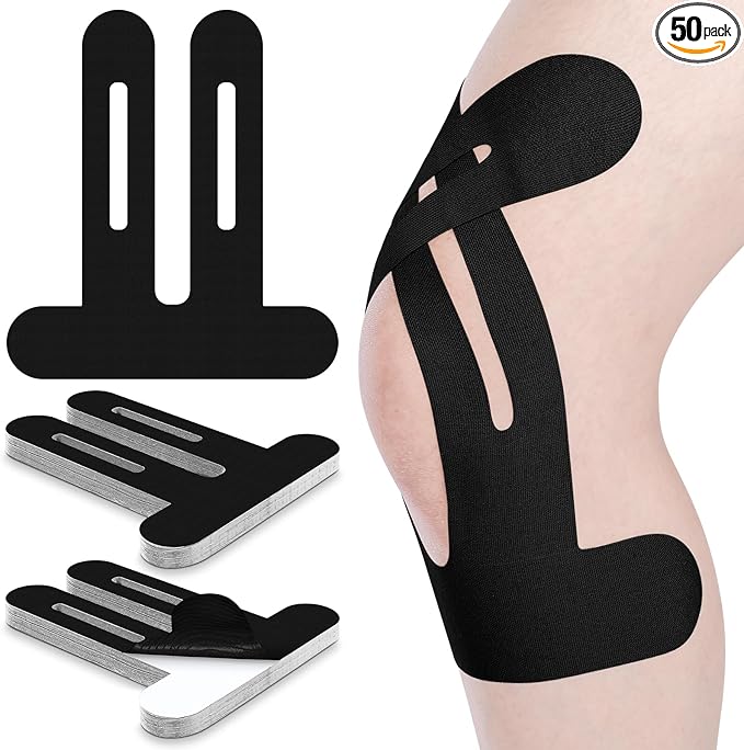 50 Pcs Precut Kinesiology Tape for Knees Pain Relief Elastic Waterproof Athletic Knee Tape for Support Stability Sports(Black)