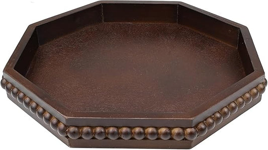 Hrastany Retro Brown Octagonal Wood Decorative Tray, Small Farmhouse Wooden Serving Tray with Beads, Versatile Coffee Table Tray for Kitchen Counter, Ottoman, Living Room